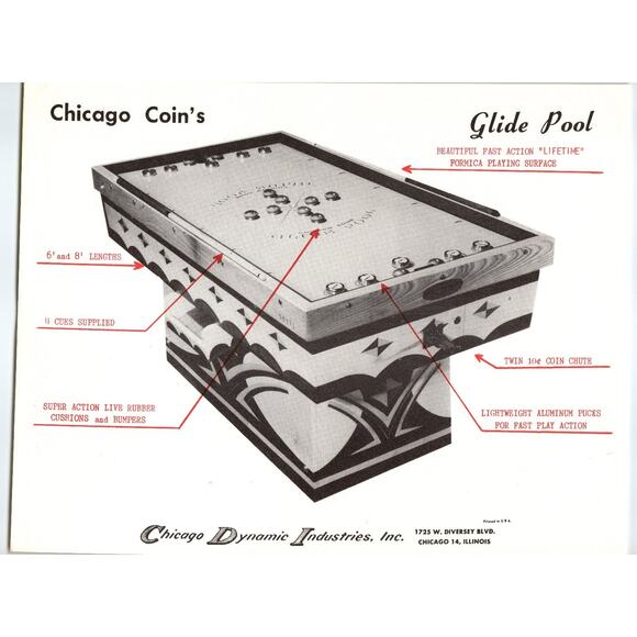 1960s Chicago Coin Glide Pool Arcade Game Flyer Vintage Ephemera - Picture 1 of 2
